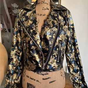 Elegant Black and Gold Floral Women's Leather Jacket